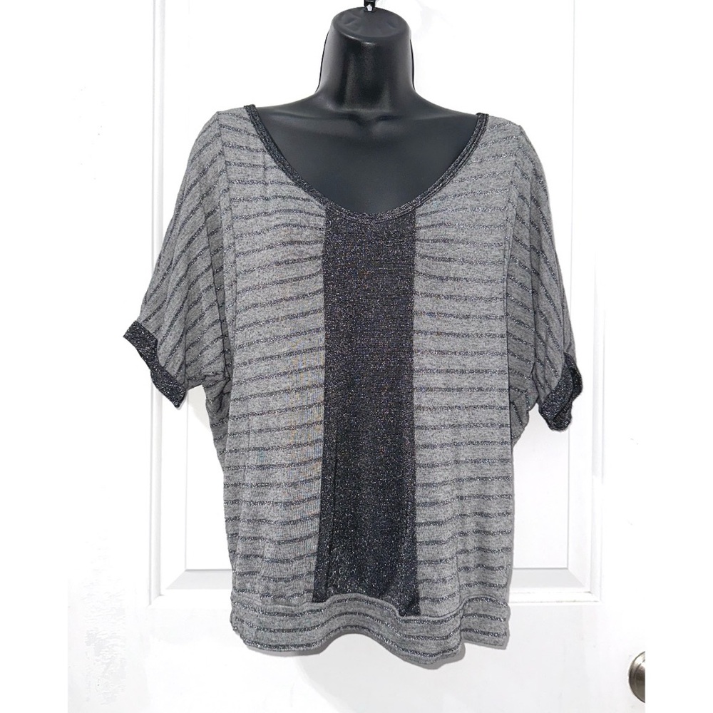 Vanity Y2K Grey Striped V neck top with Dolman style sleeves